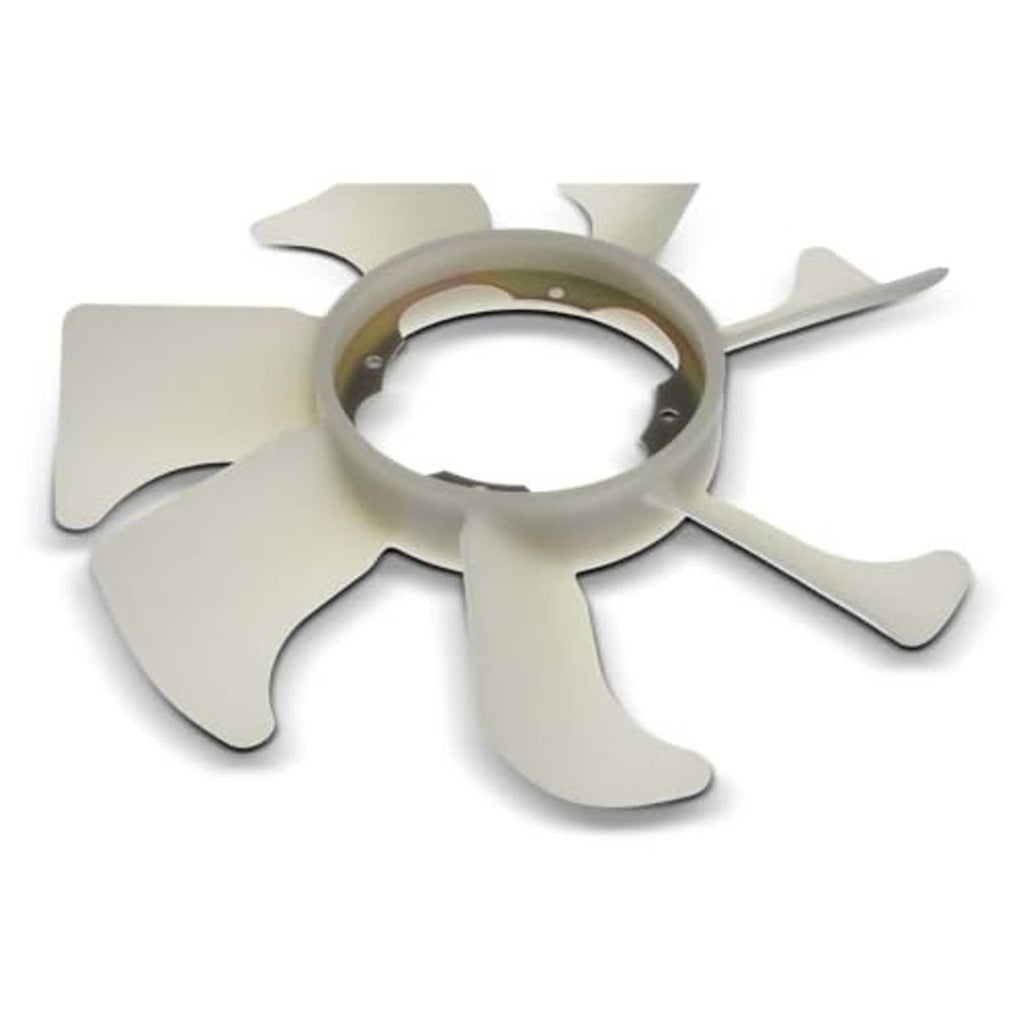 Radiator cooling fan blade with central hub and four curved fins, light gray