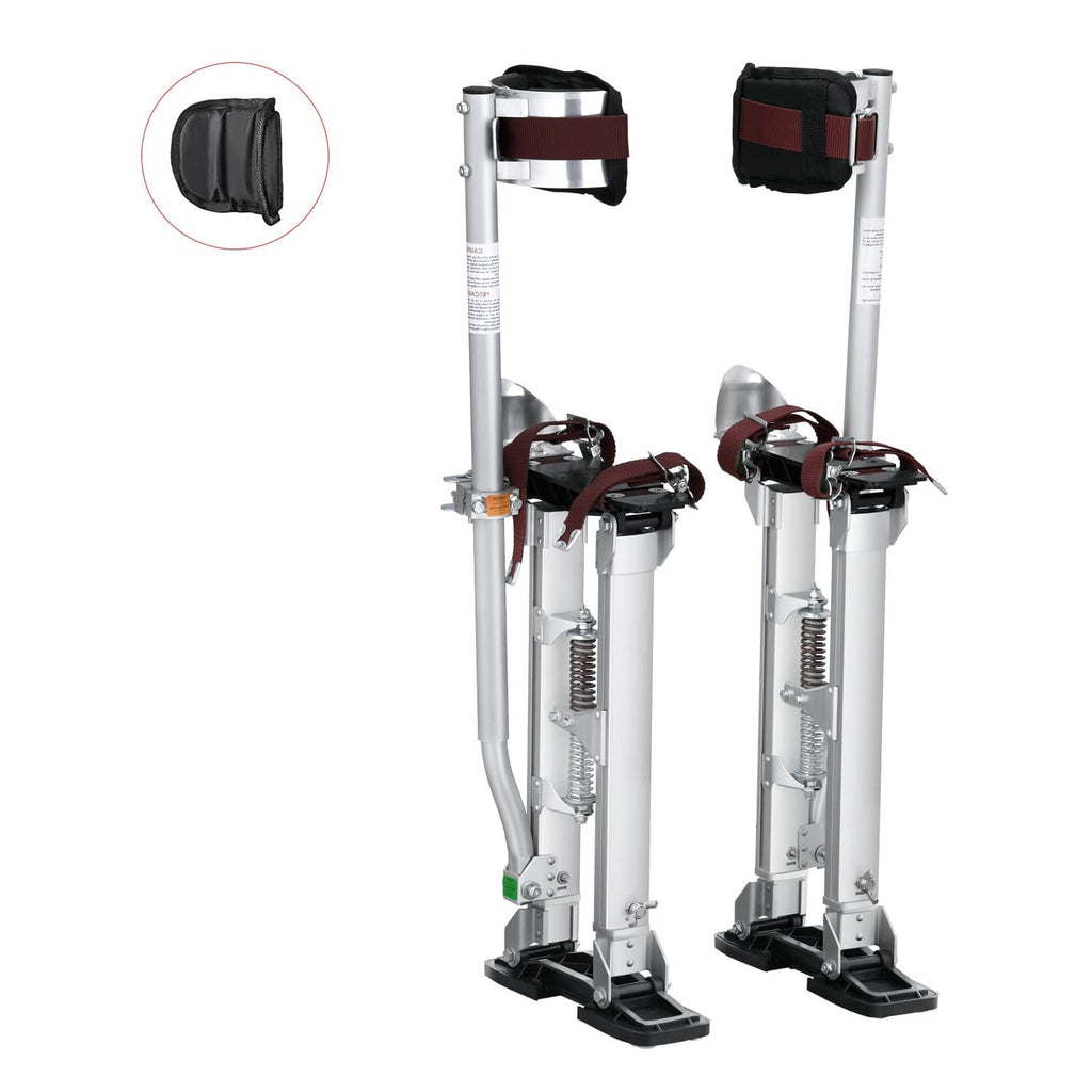 Silver drywall stilts with adjustable clamps, spring legs, and black footplates; side view