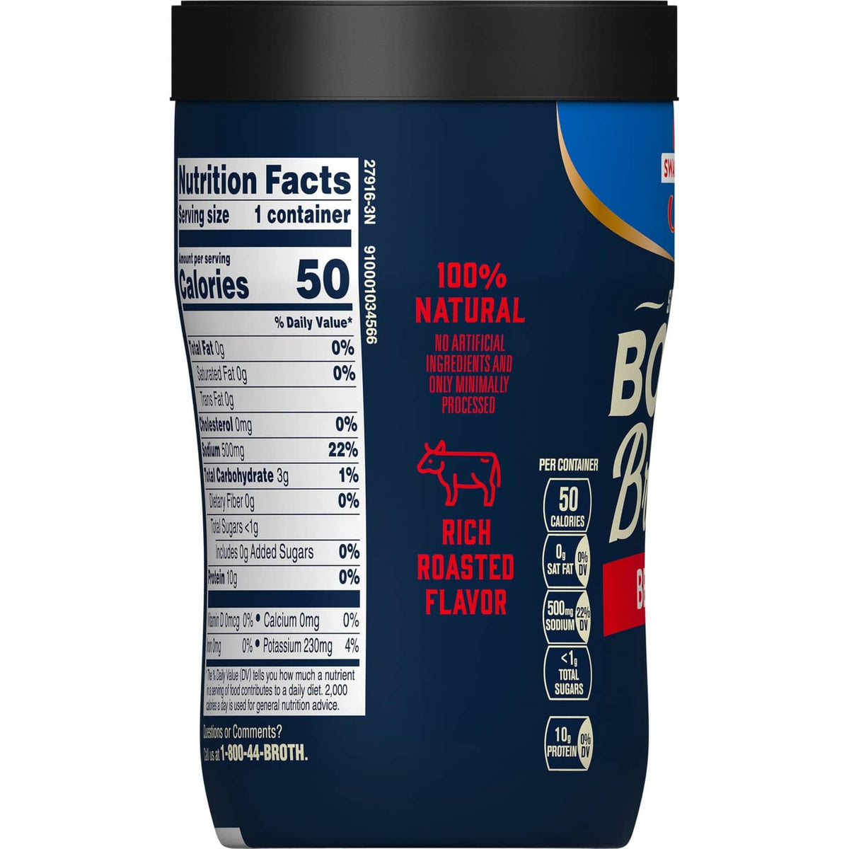 Nutrition facts panel and 100% natural rich roasted flavor icon on cup