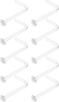 Set of clear L-shaped nose studs with round flat disc ends, transparent retaining jewelry