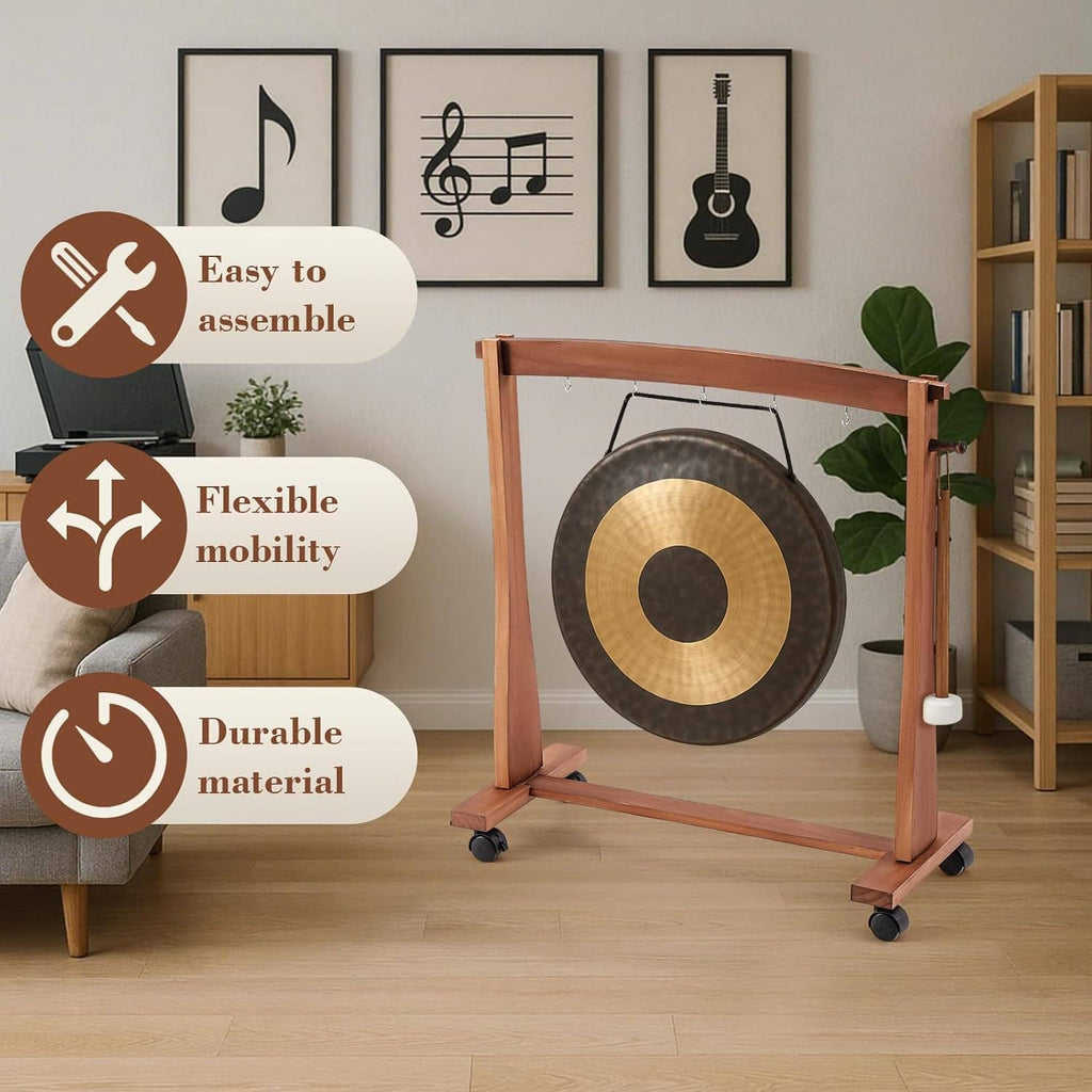Wood gong chime stand on caster wheels with hanging gong, five hook bar