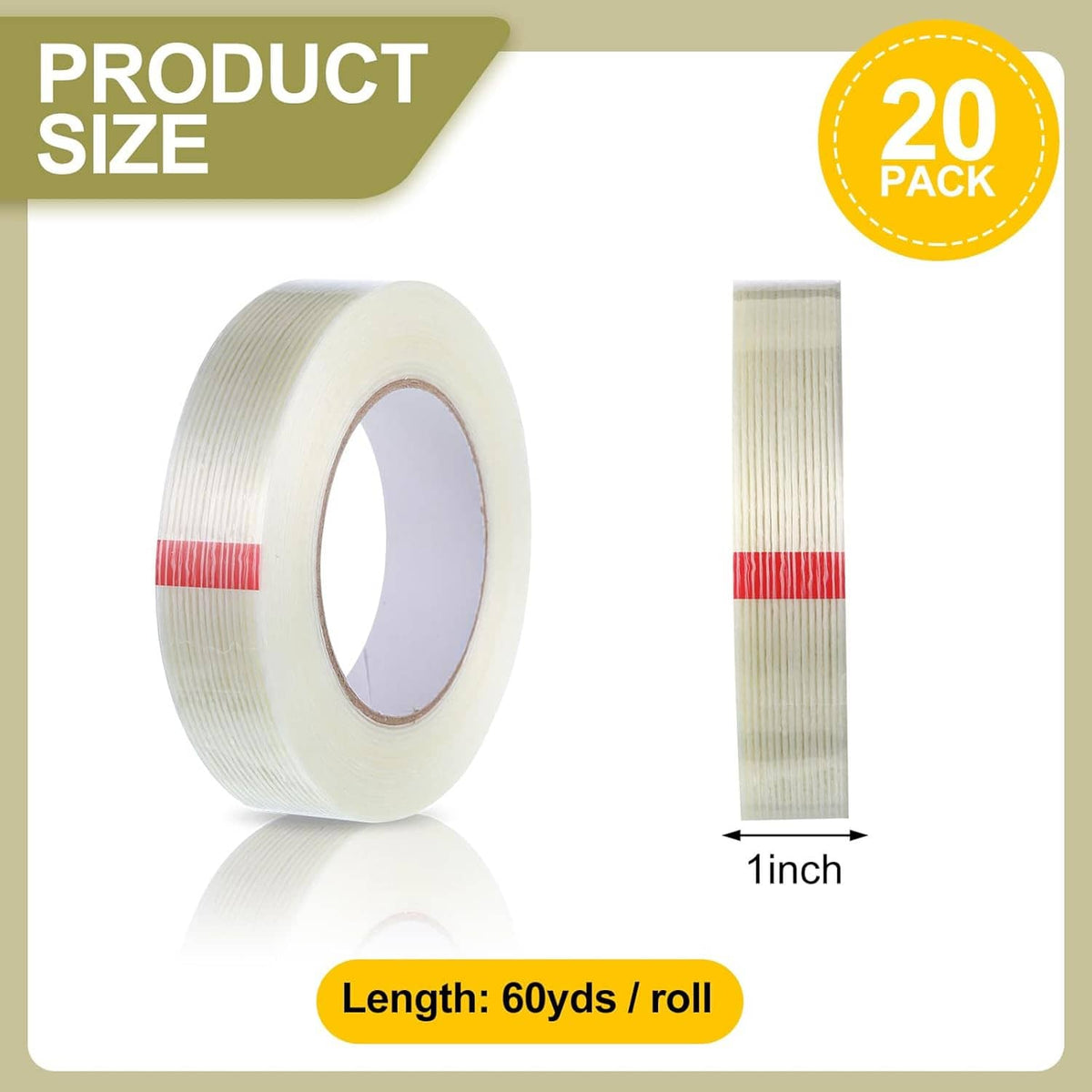 Reinforced strapping tape roll set, 1-inch width, 60-yd length per roll