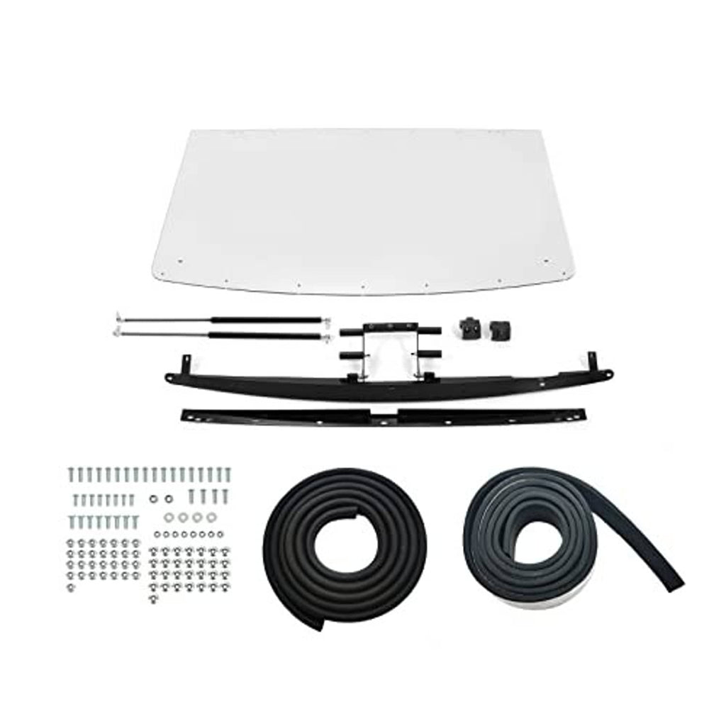Windshield replacement kit parts: clear panel, black brackets, hardware and seal strips