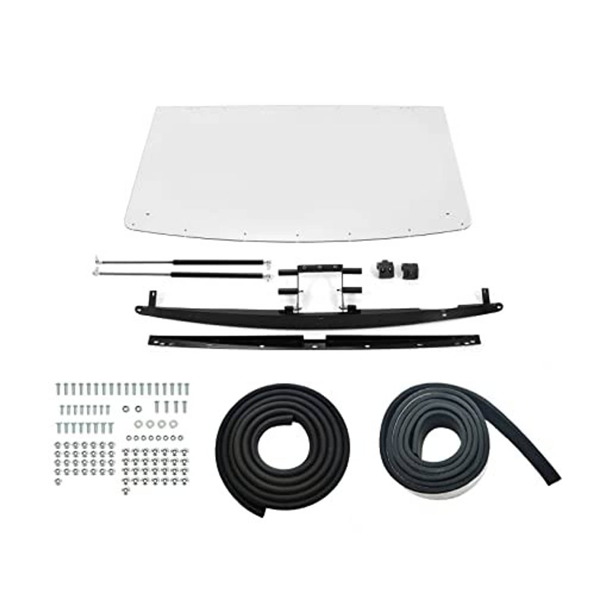 Windshield replacement kit parts: clear panel, black brackets, hardware and seal strips