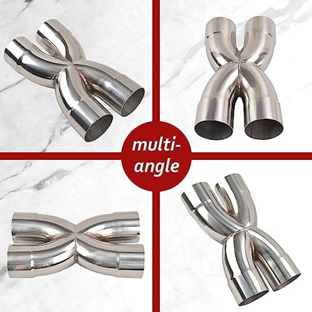 Polished stainless steel X-crossover exhaust pipe with multi-angle twin tips