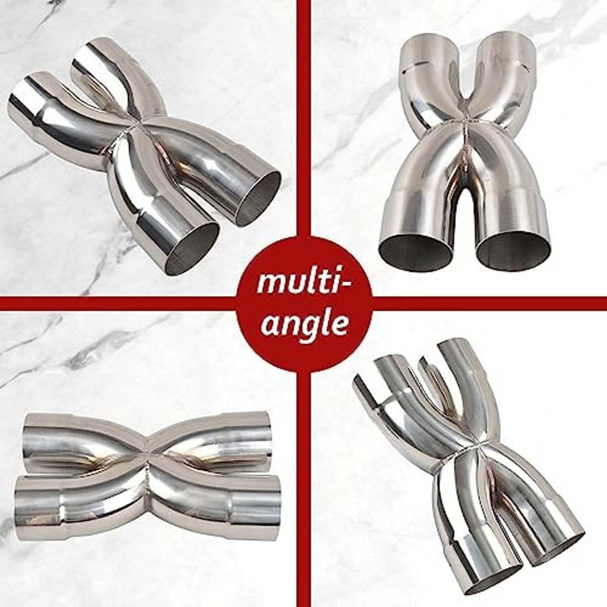 Polished stainless steel X-crossover exhaust pipe with multi-angle twin tips