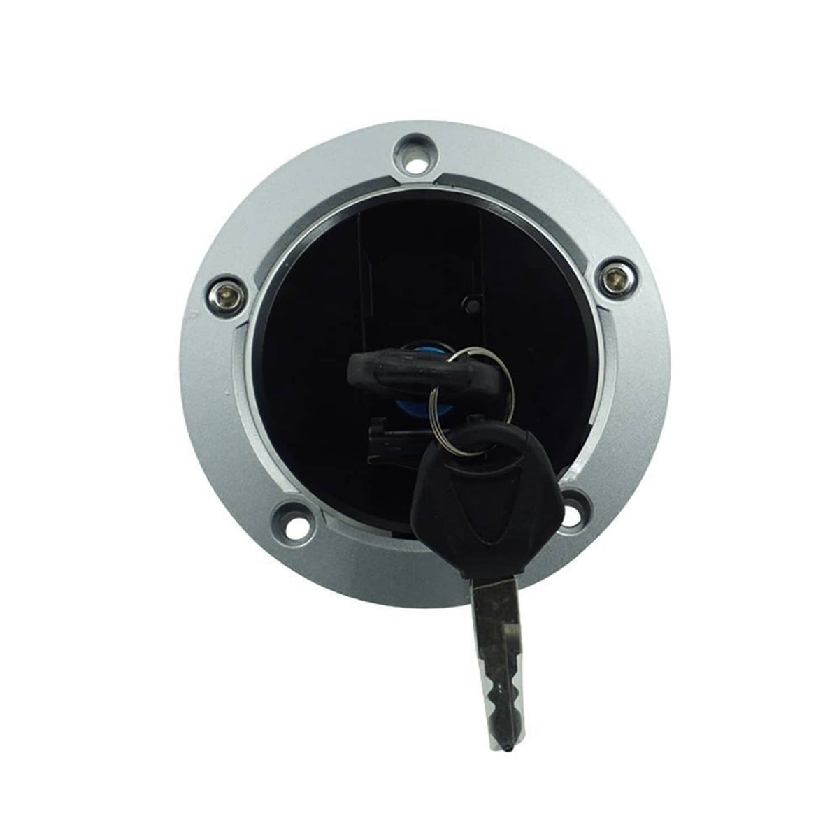Fuel cap style lock with key inserted and lock cylinder cover