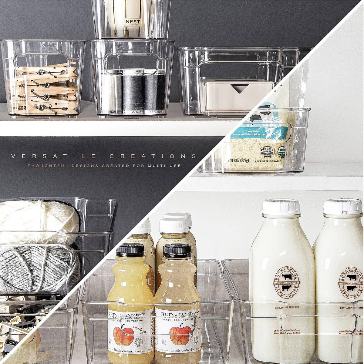 Clear stackable storage bins with built-in handles holding kitchen supplies