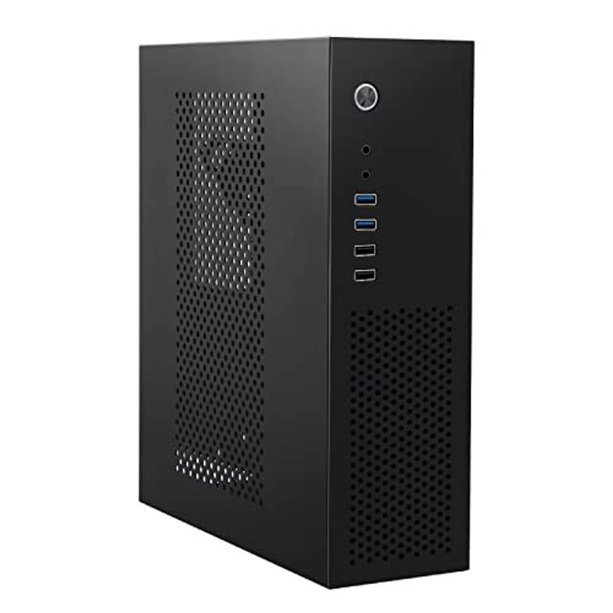 Black micro ATX desktop PC case, angled view with perforated side and front I/O
