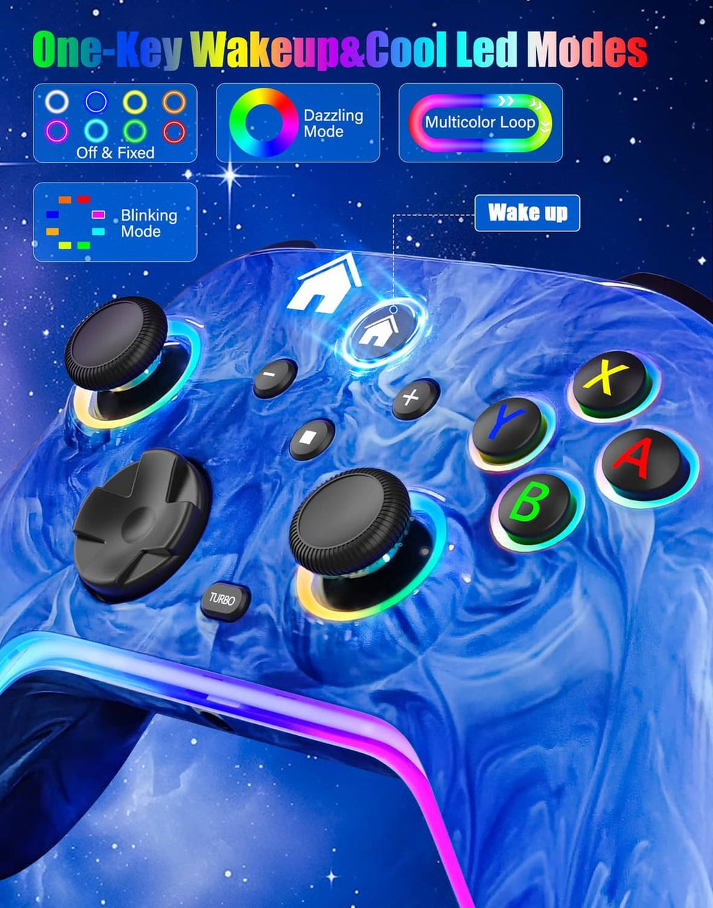Blue Switch controller with LED-lit thumbsticks and circular RGB accents