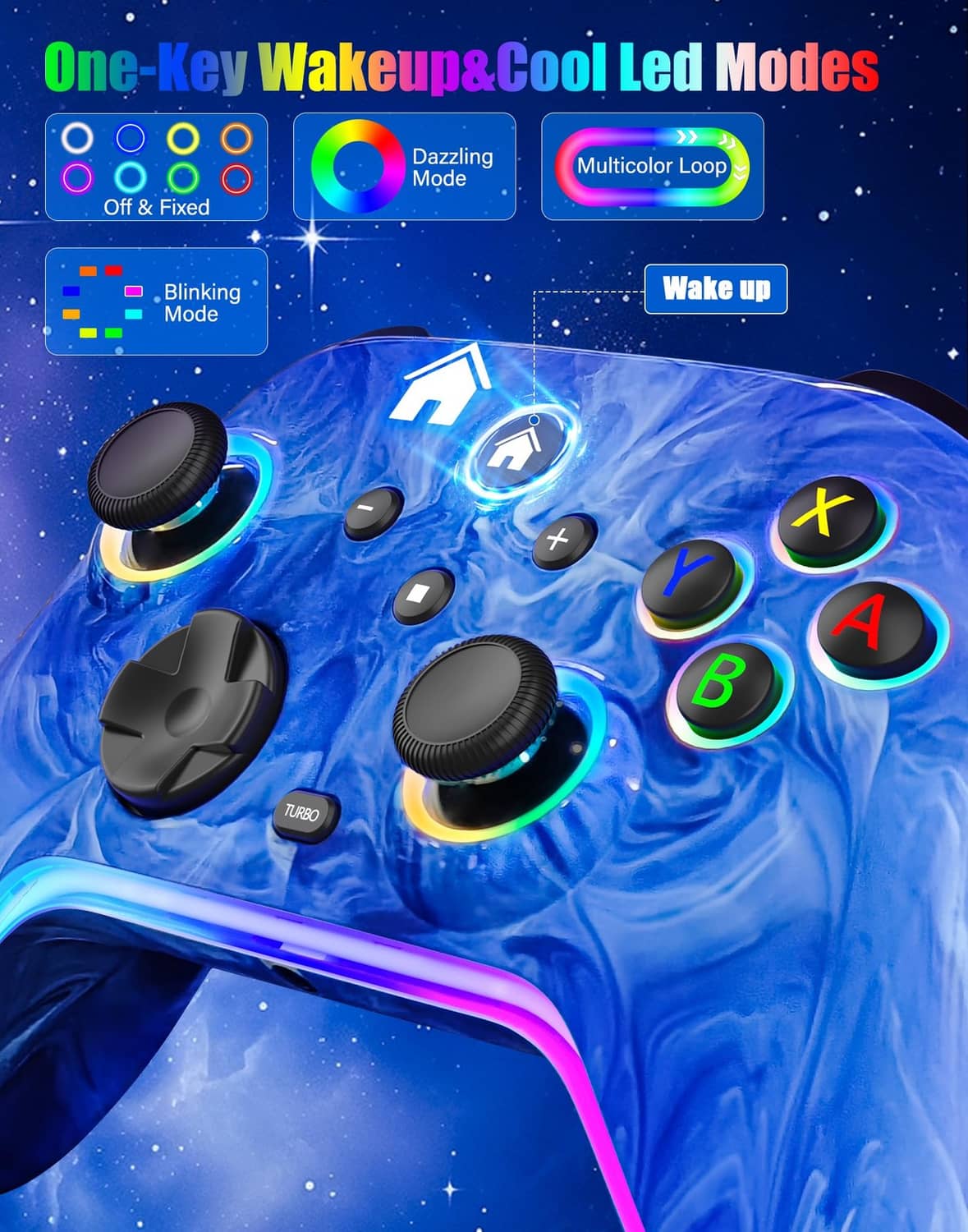 Blue Switch controller with LED-lit thumbsticks and circular RGB accents
