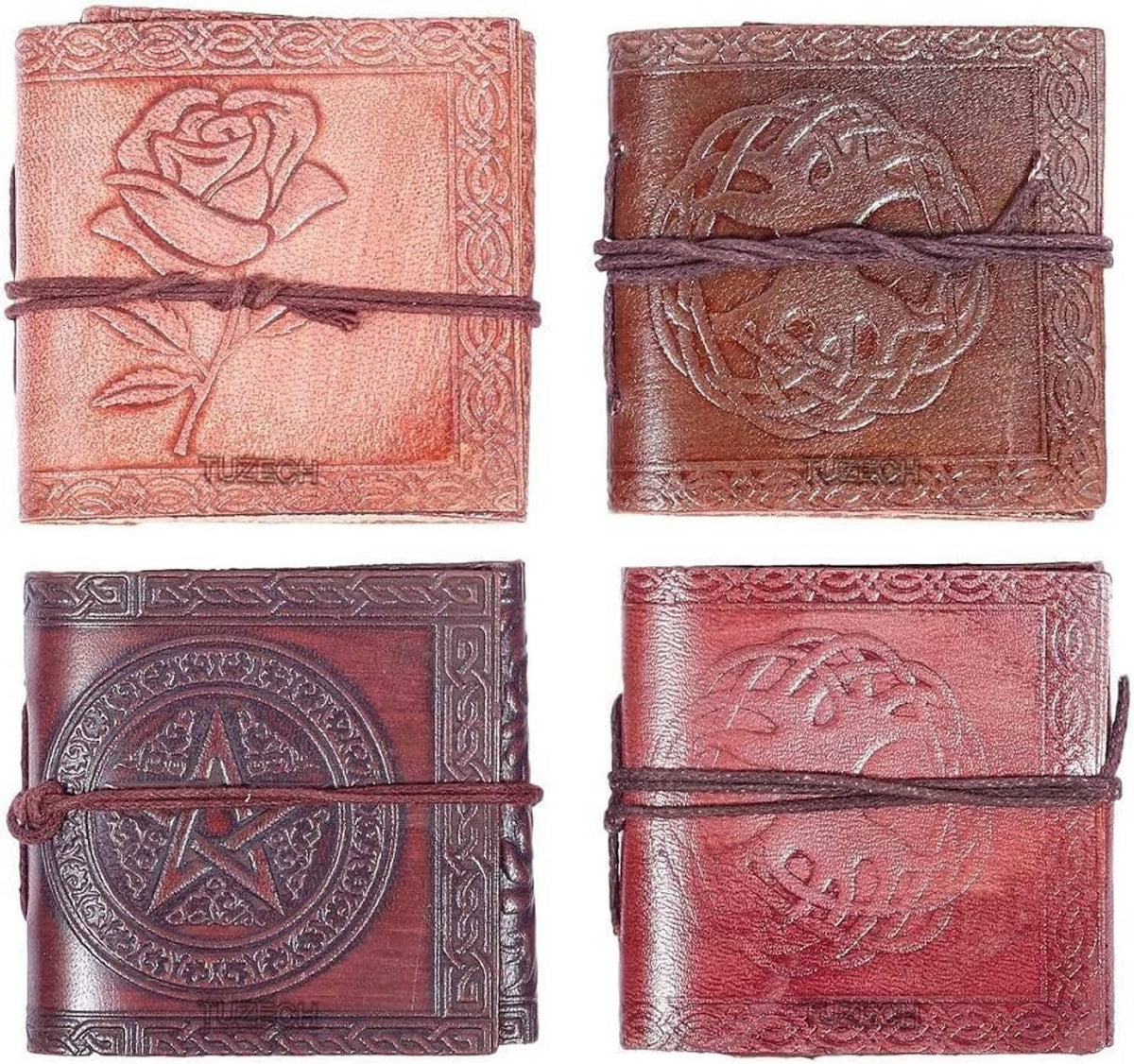 Embossed leather mini pocket notebooks set with rose and medallion designs, tied closures