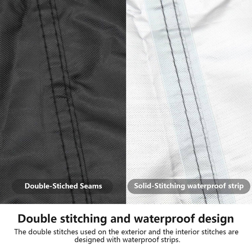 Black mower cover fabric close-up showing double-stitched seams and waterproof strip