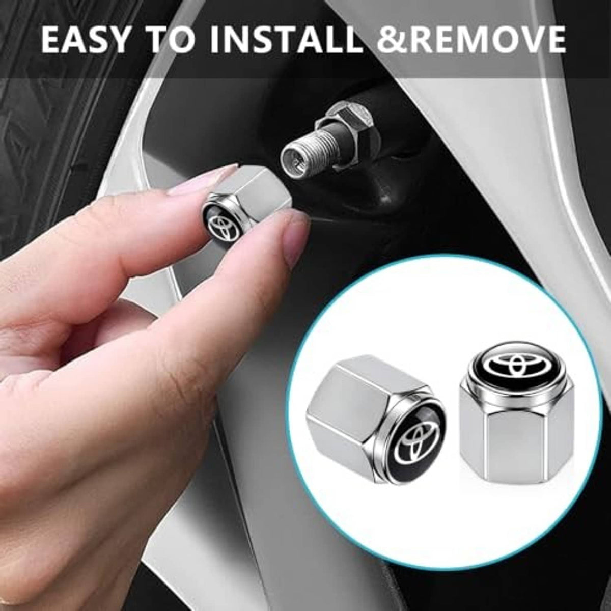 Silver tire valve stem cap with black Toyota emblem, being installed by hand