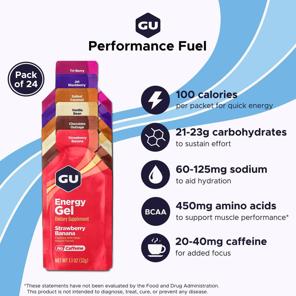 GU Energy Gel pouch (red label) with performance fuel facts and pack details