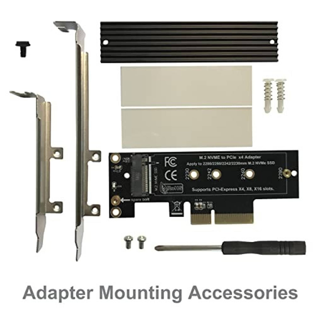 M.2 NVMe to PCIe x4 adapter kit with black heatsink, brackets, screws, and mounting tools