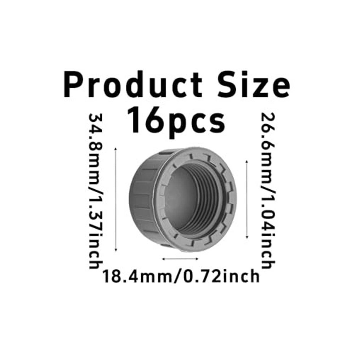 Gray PVC pipe end cap plug with female threads, shown with size dimensions