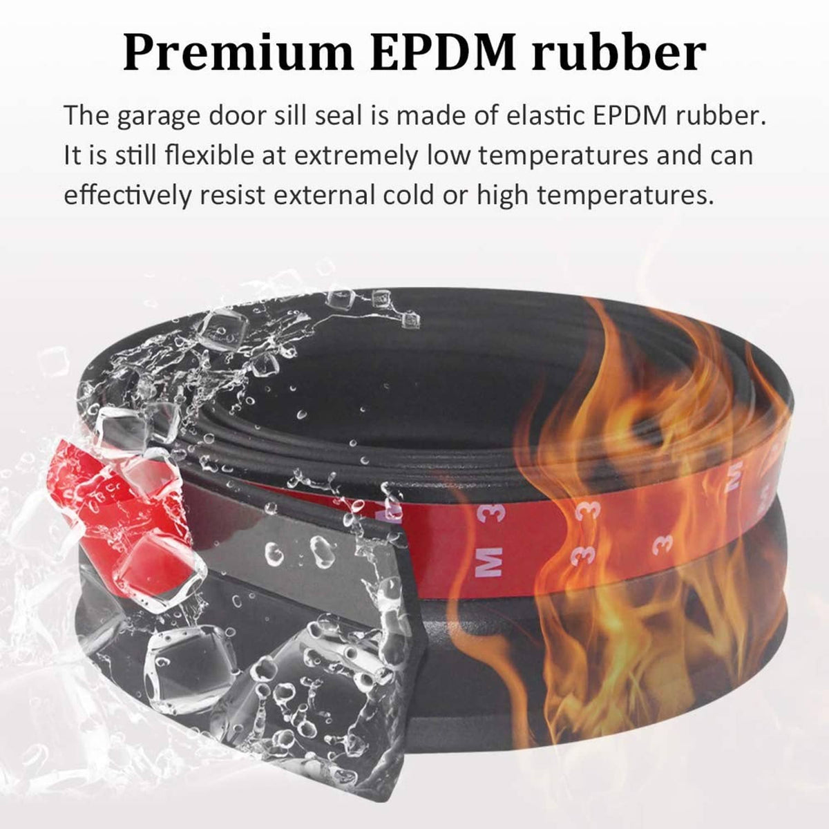 Rolled black EPDM rubber garage door seal with red inner strip, fireproof graphic