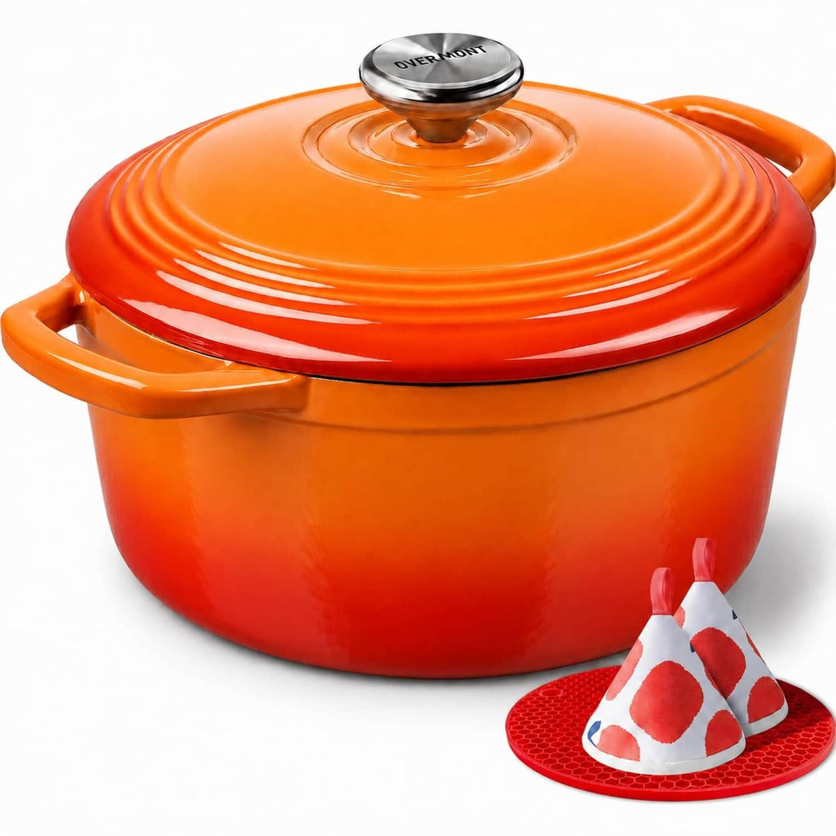 Orange enameled cast iron Dutch oven with domed lid and side handles, 5.5 qt