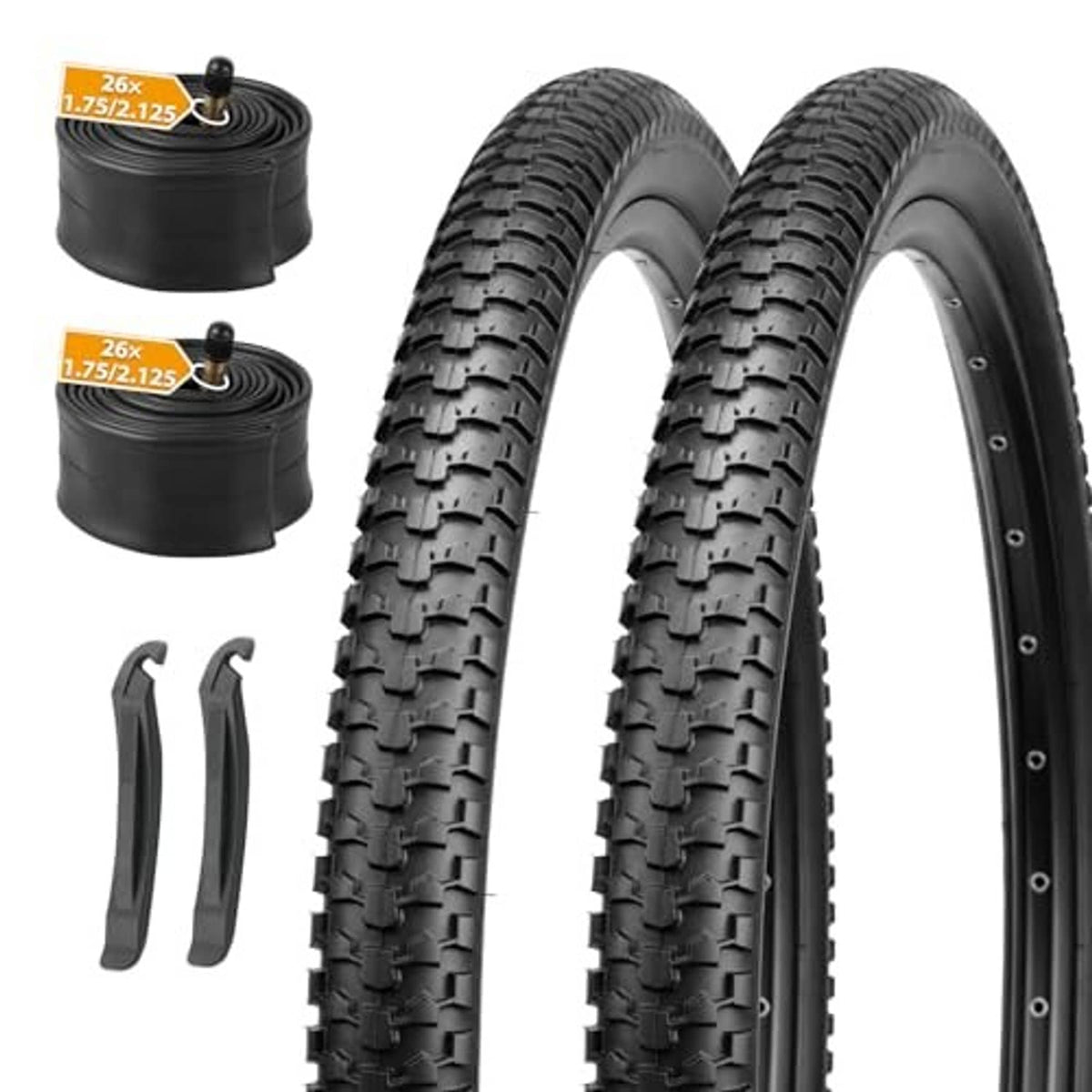 Pair of black mountain bike tires with aggressive knobby tread