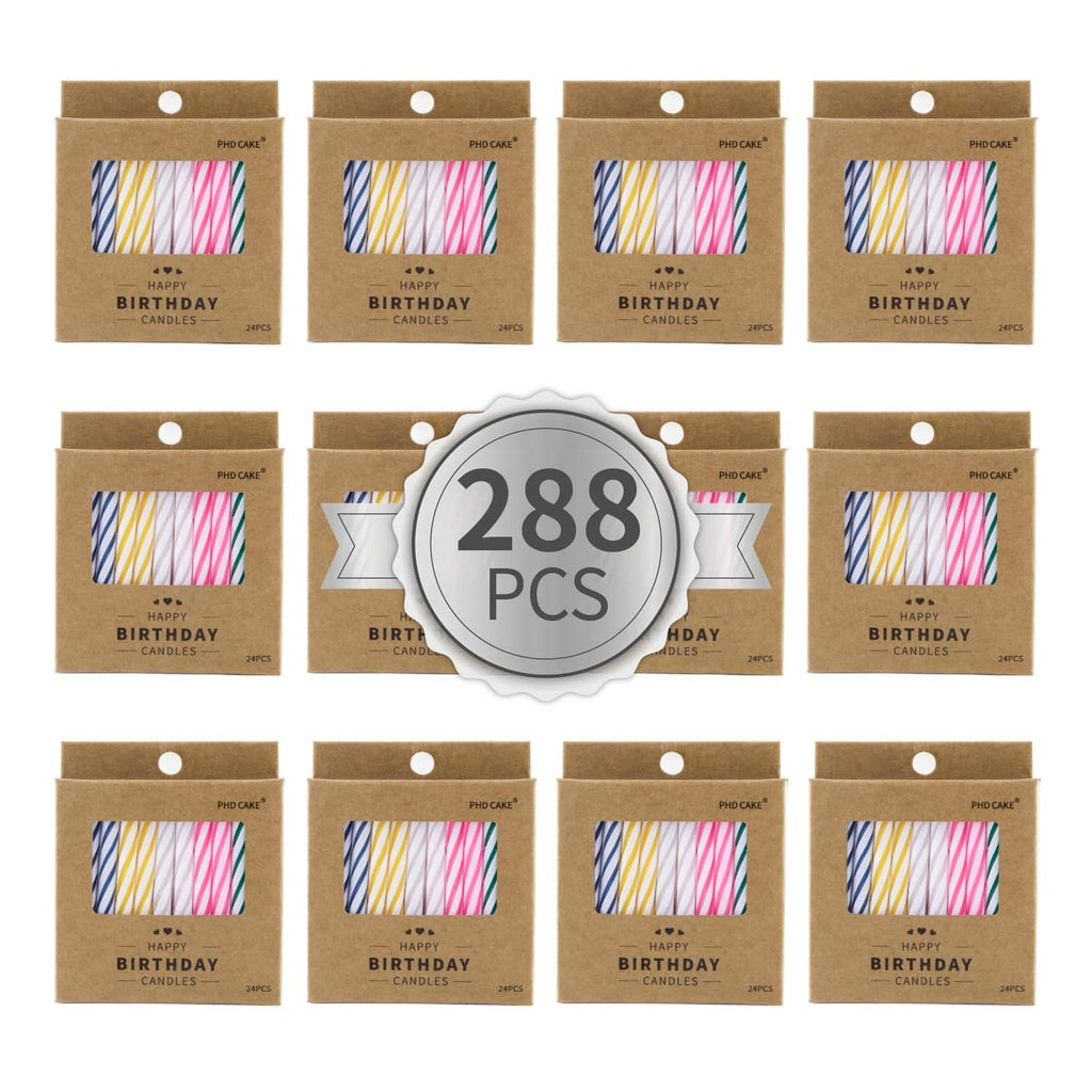 Multicolored birthday candle packs in brown boxes with striped candles window