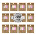 Multicolored birthday candle packs in brown boxes with striped candles window