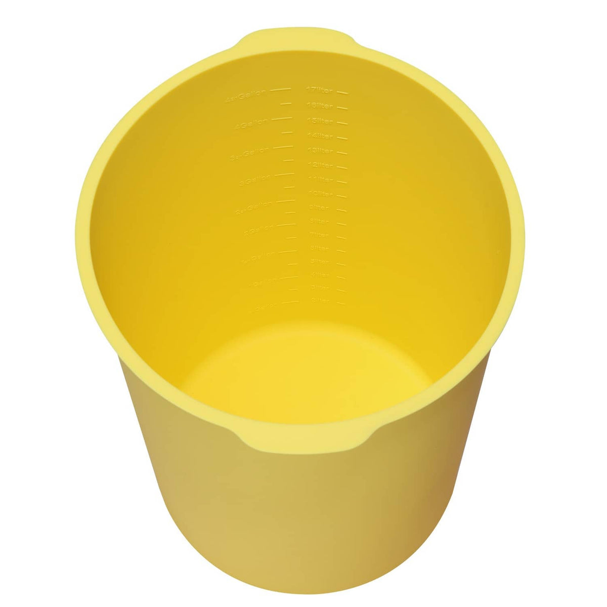 Yellow silicone bucket liner with textured interior measurement lines and open top
