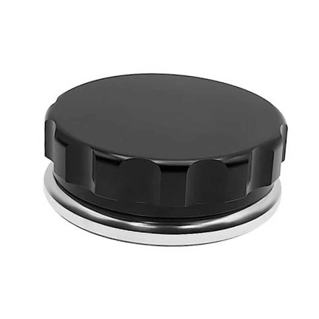 Black oil fuel filler neck cap with round top and raised segmented grip