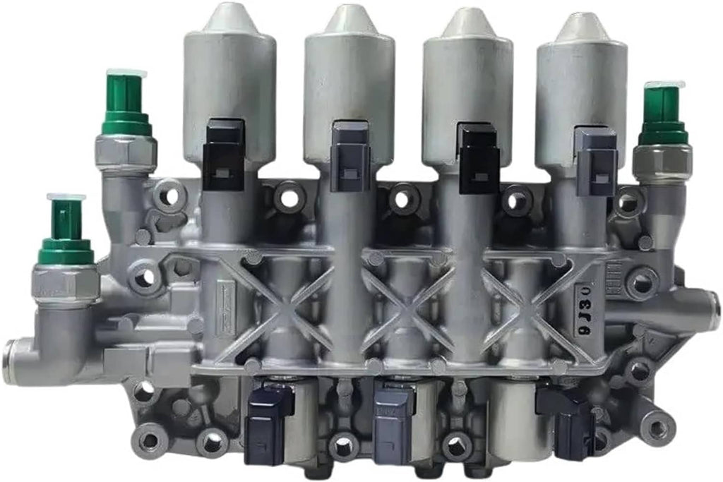 Valve body assembly, front view, silver housing with teal connectors and black solenoids