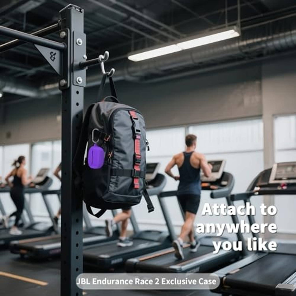Purple silicone protective case attached to a gym machine via carabiner