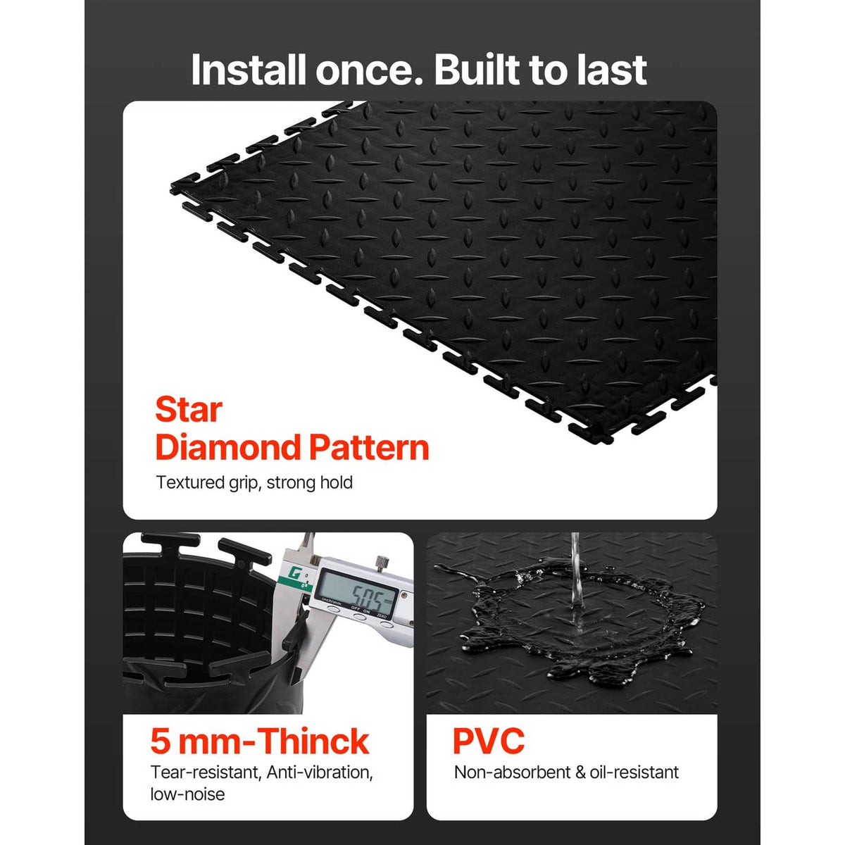 Black PVC interlocking floor tile with star diamond texture and snap borders