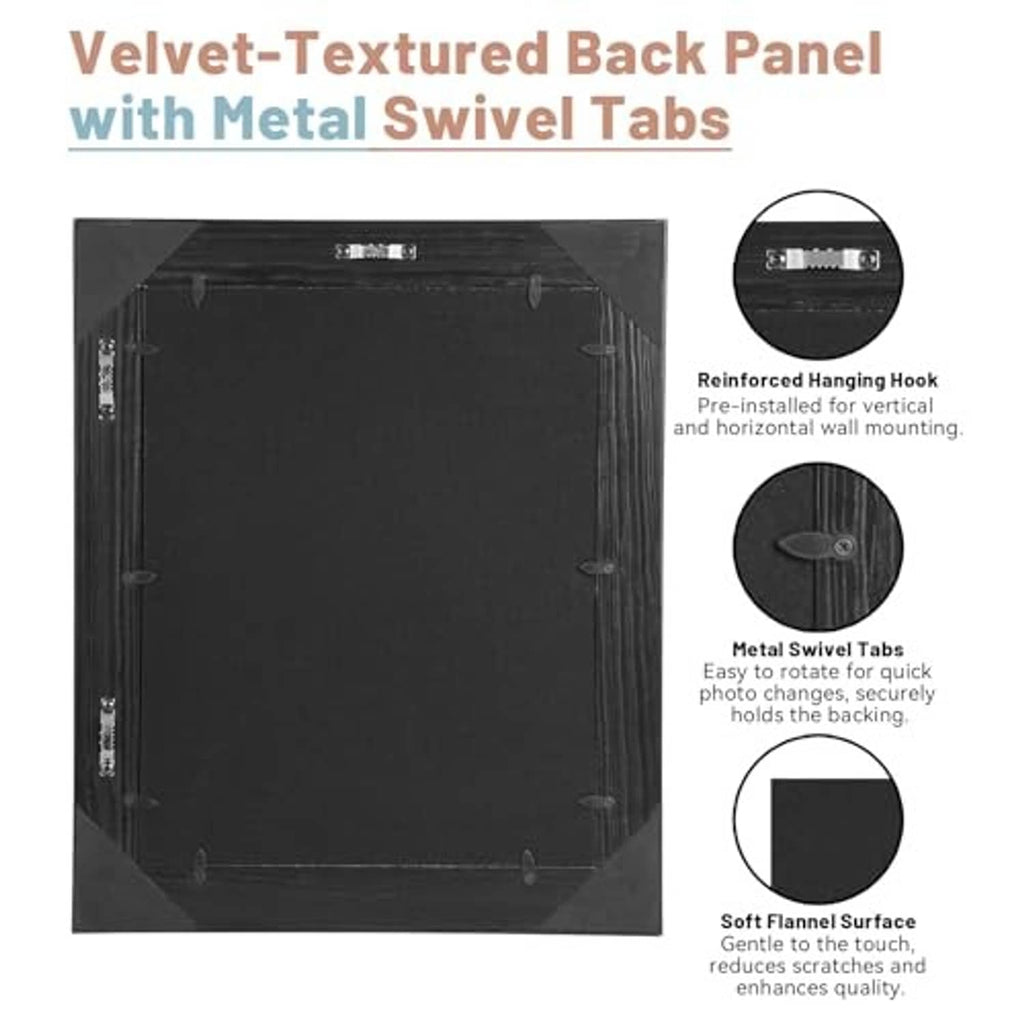 Picture frame back panel with velvet-like surface and metal swivel tabs for mounting