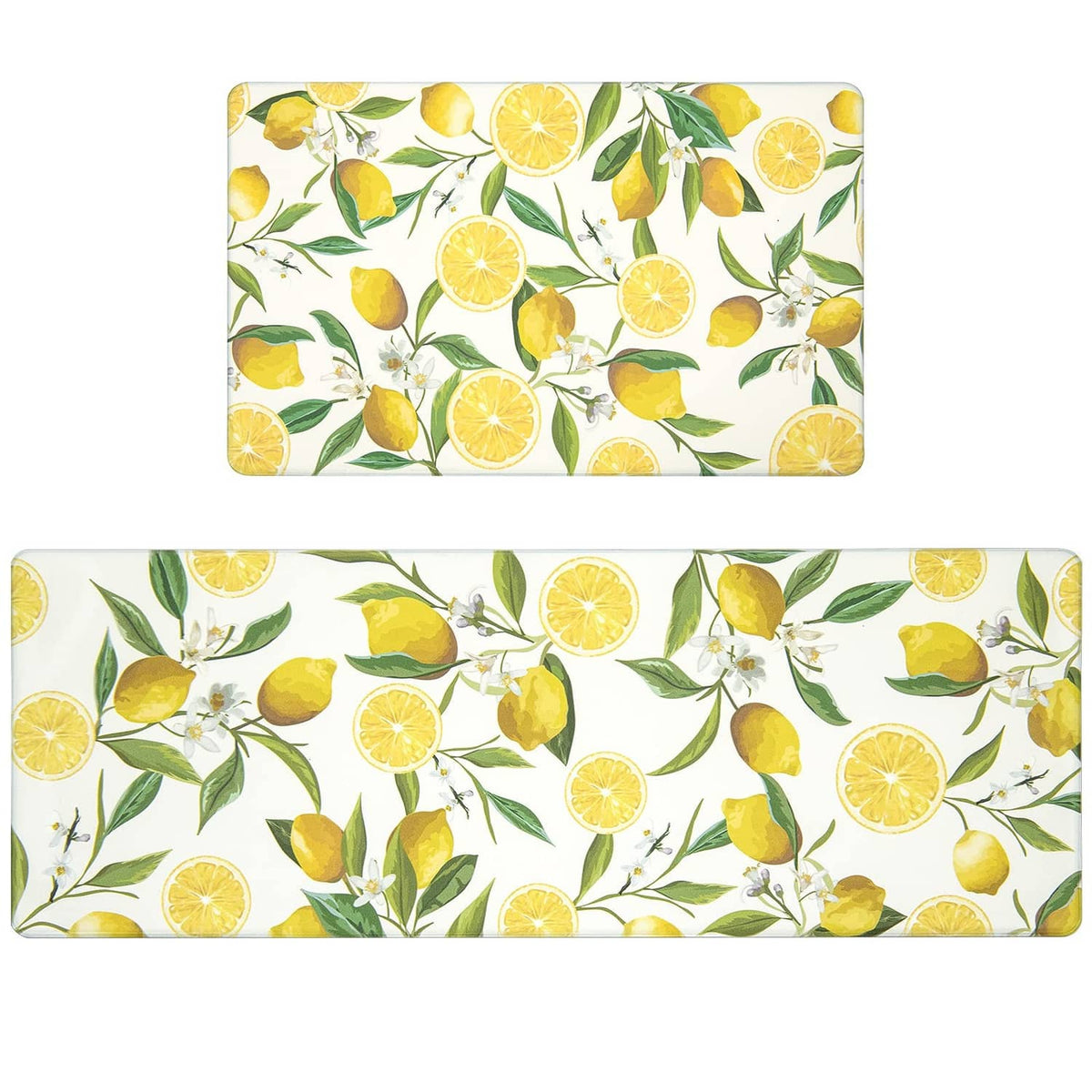 Two white rectangular lemon-print kitchen rugs with matching edges and cushioned look