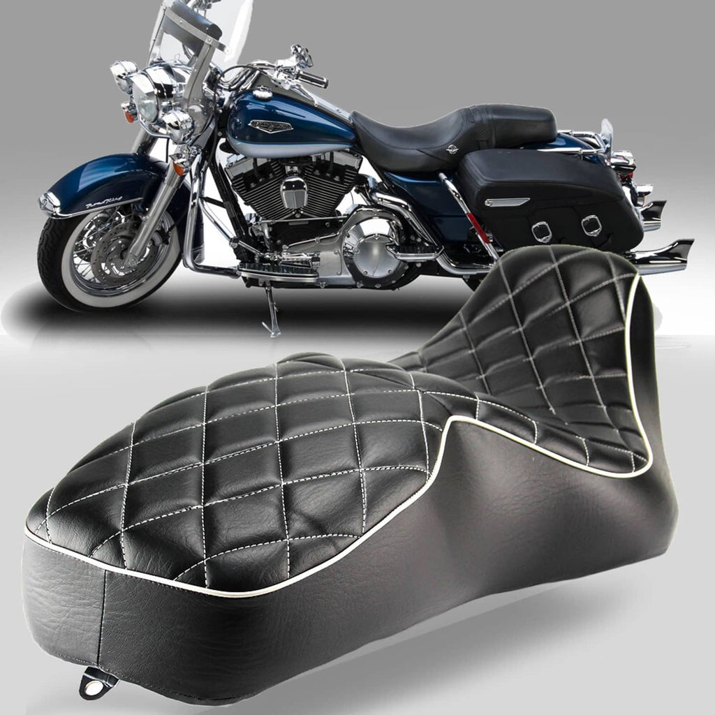 Black two-up motorcycle seat with diamond quilt pattern and white-trim piping