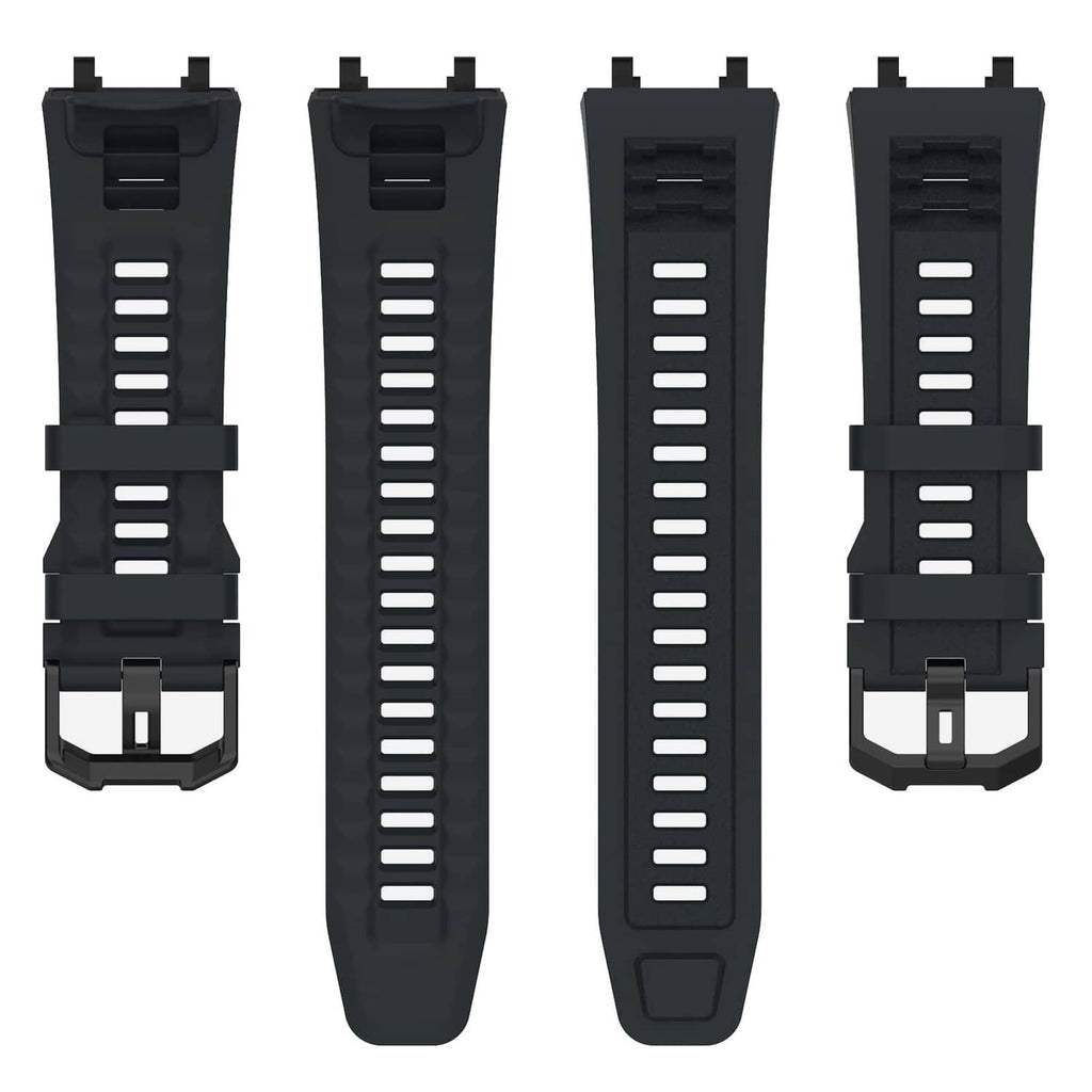 Set of black watch straps with white inner ridges and metal clasp