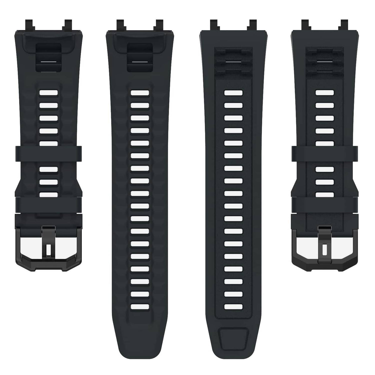 Set of black watch straps with white inner ridges and metal clasp