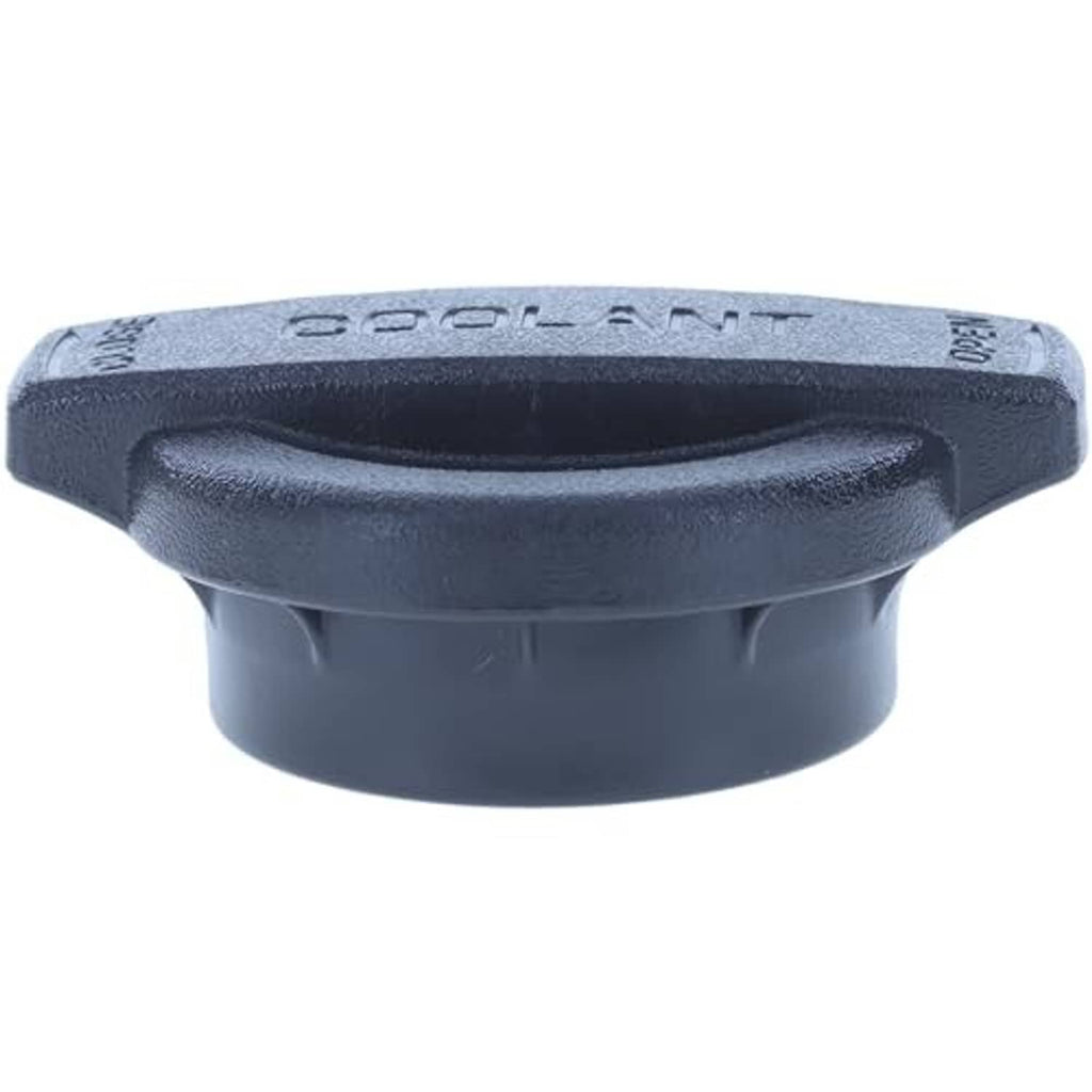 Engine coolant reservoir cap, dark blue, side view with smooth top and vent-like channels.