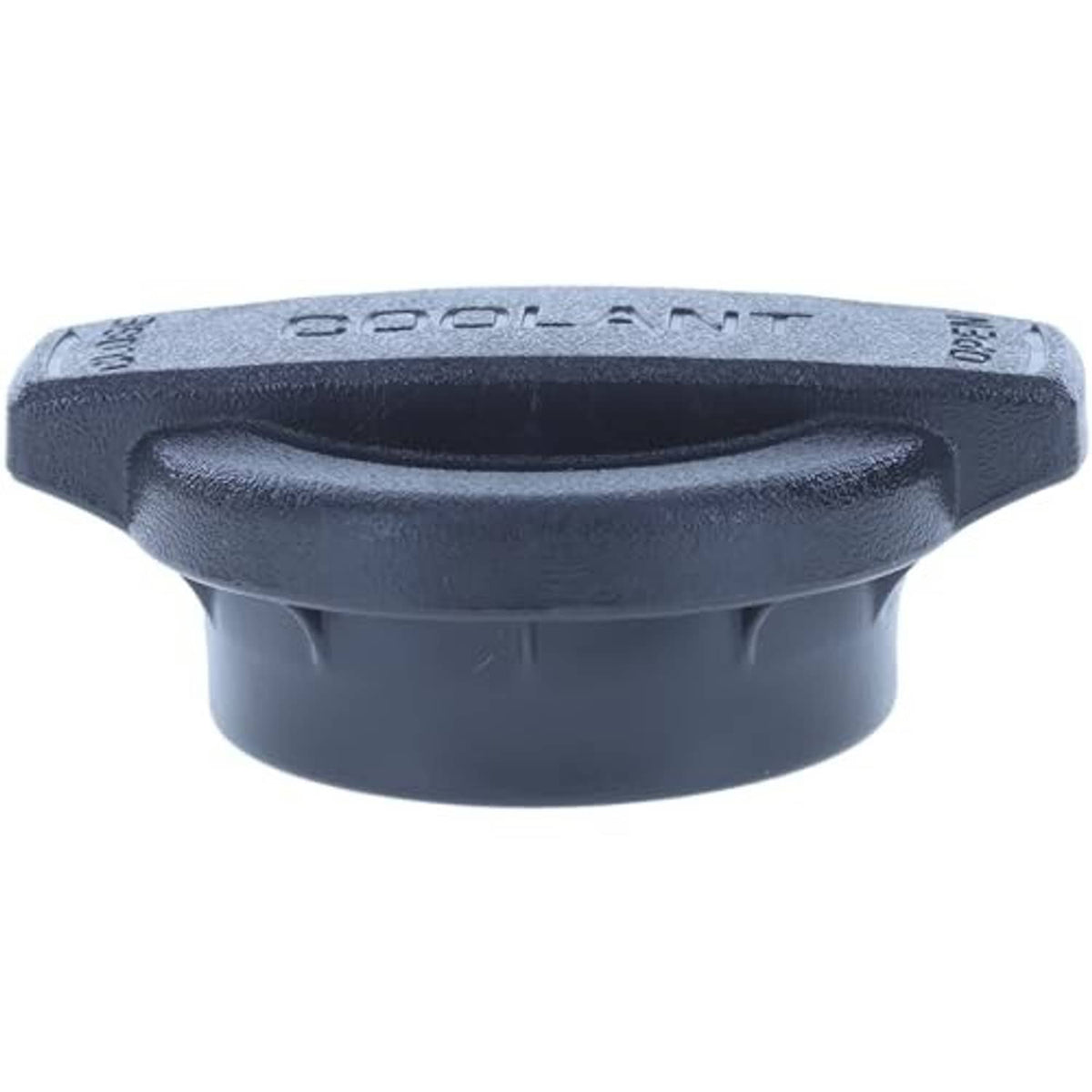Engine coolant reservoir cap, dark blue, side view with smooth top and vent-like channels.