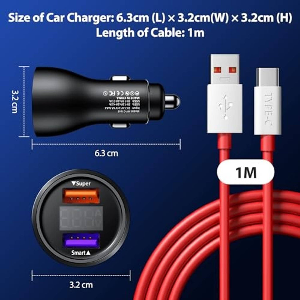 Compact black car charger with red cable, USB-A and Type-C ends, charging port