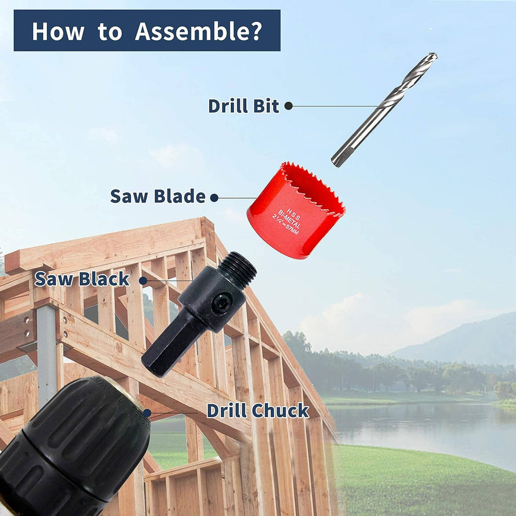 Hole saw kit with drill bit, saw blade, and drill chuck components for assembling
