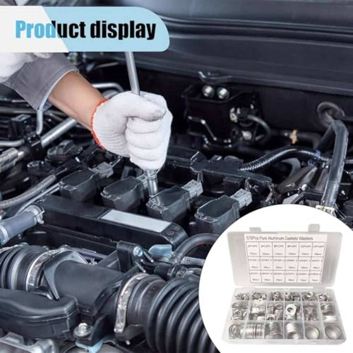 Aluminum crush washer gasket set displayed near an engine compartment