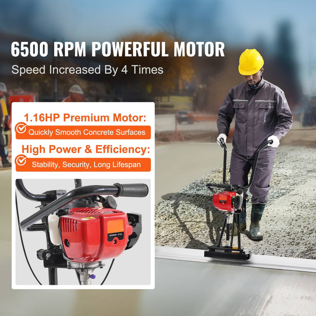 Gas concrete screed float with red engine, long aluminum blades, and U-shaped handles