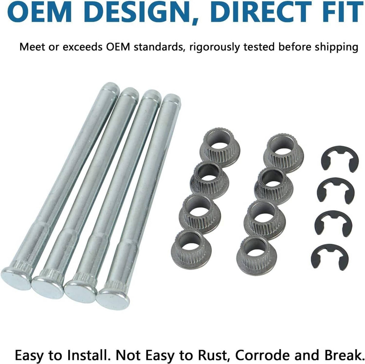 Door hinge pin and bushing kit with silver pins, black bushings, and retaining clips