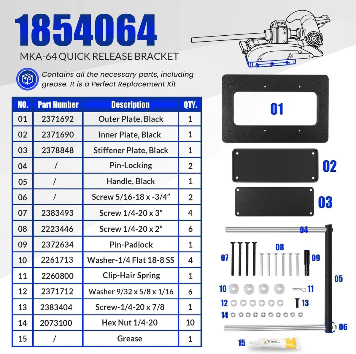 Quick release bracket kit diagram showing plates and pin-locking fasteners
