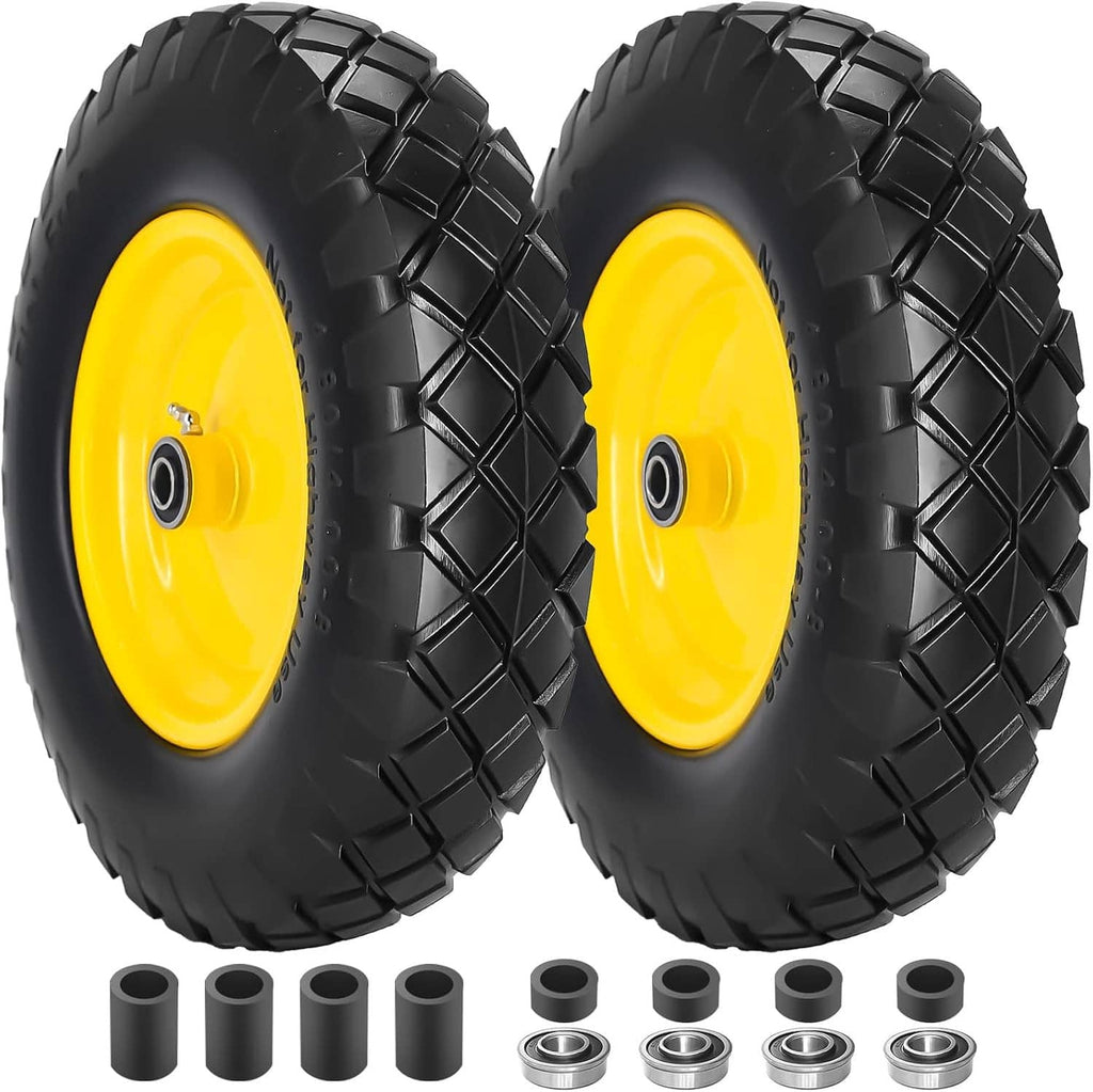Pair of flat-free wheelbarrow tires with yellow rims and black tread, with wheel bearings