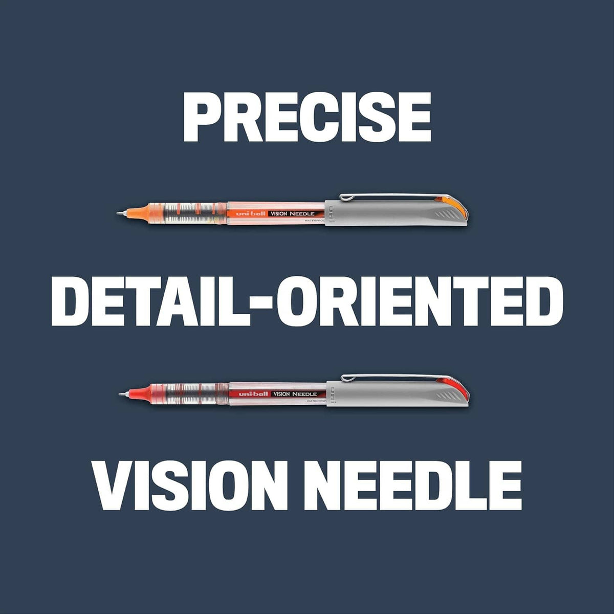 Red-ink needle-tip rollerball pen shown alongside another pen, gray barrel.