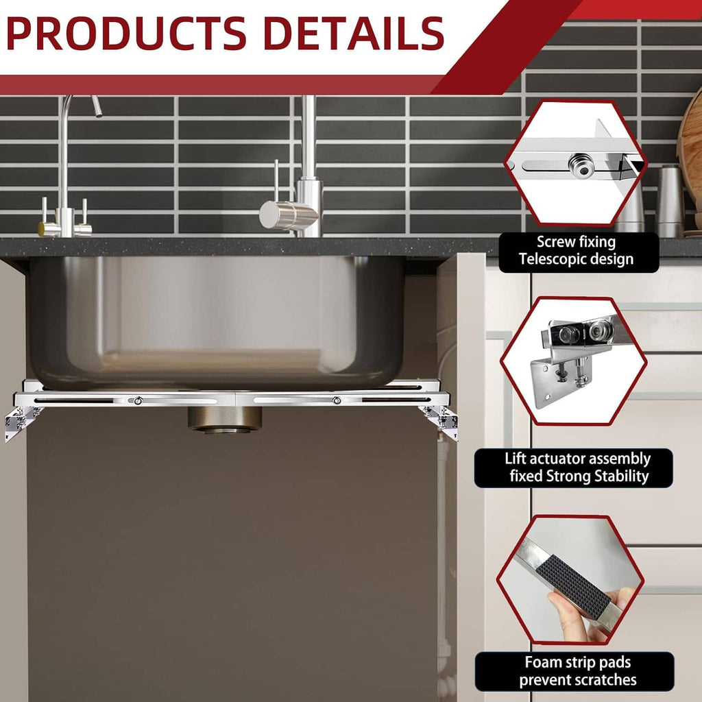 Undermount sink support actuator with screw-fixing and foam strip pads