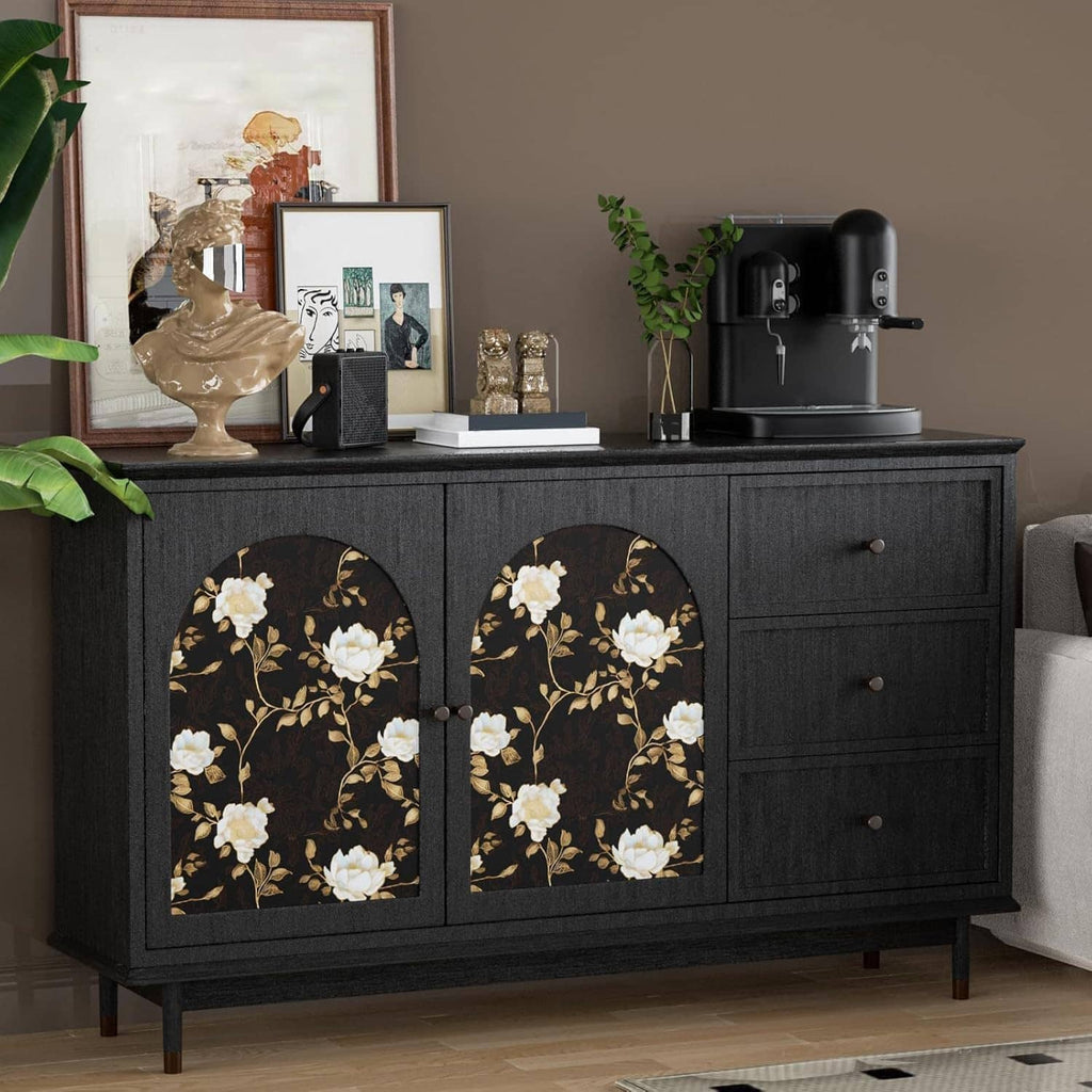 Black floral wallpaper with golden roses and leaves on a bathroom vanity backdrop