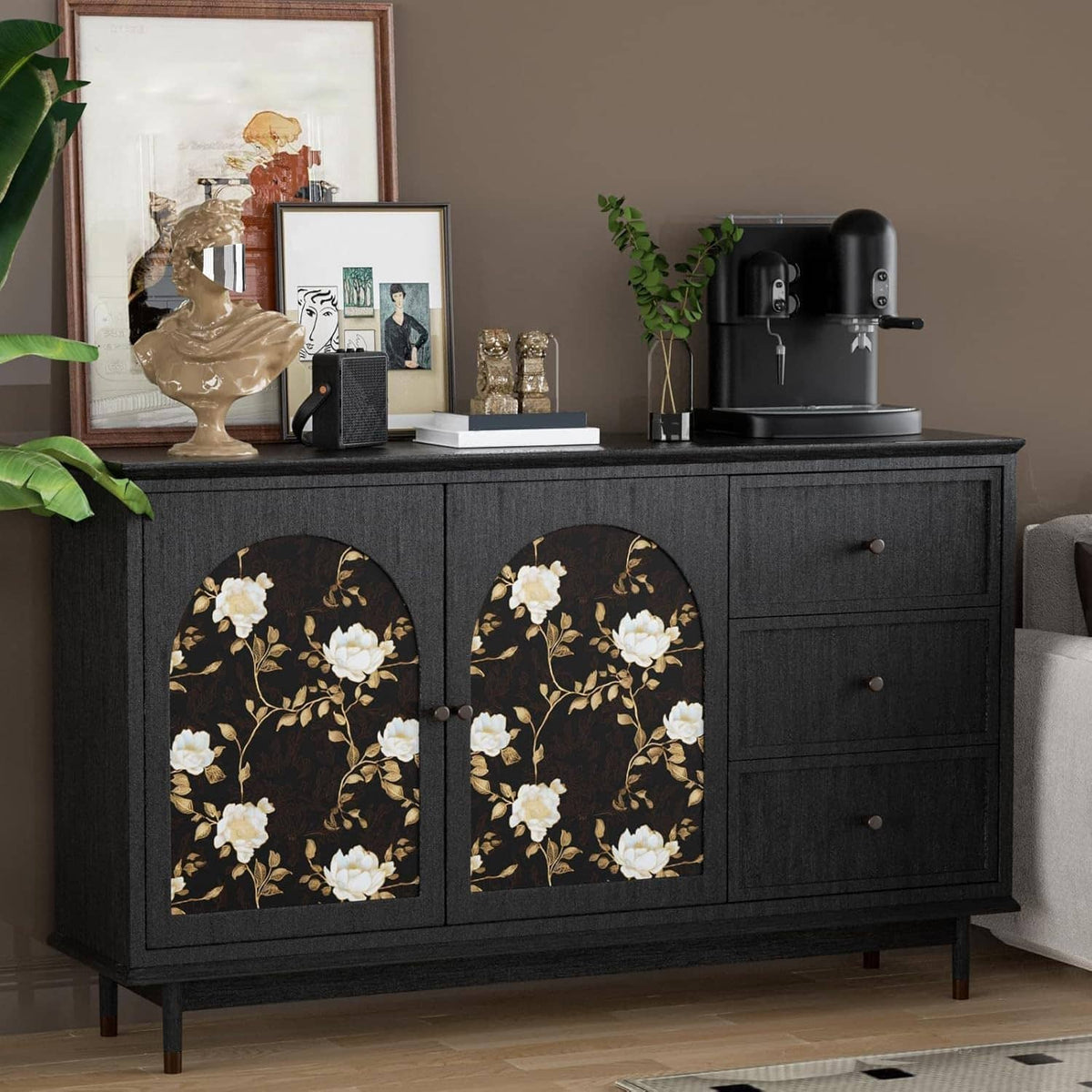Black floral wallpaper with golden roses and leaves on a bathroom vanity backdrop