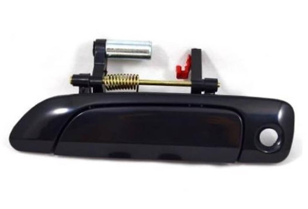 Smooth black exterior door handle with chrome lock cylinder and spring mechanism